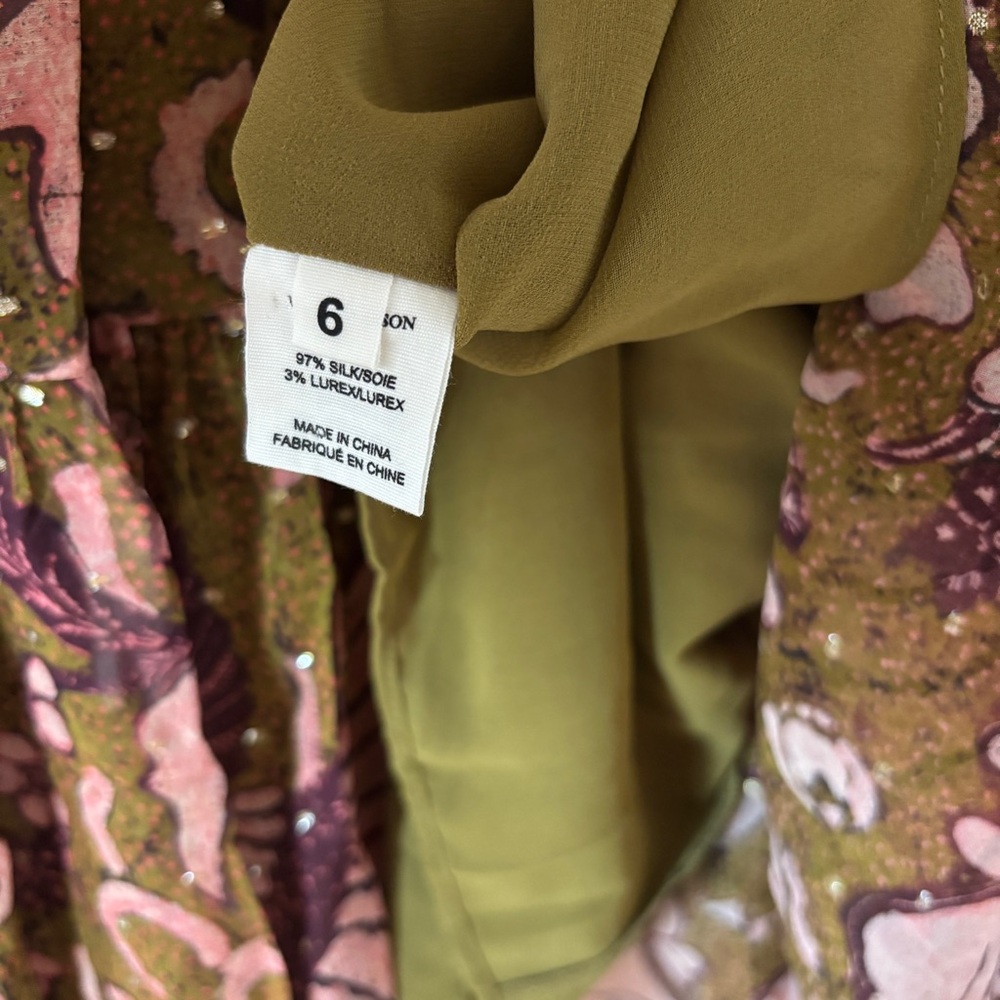 Ulla Johnson RARE Celestia Floral Batik Print Midi Dress Olive Ruffl Silk Size 6 - Picture 8 of 17
